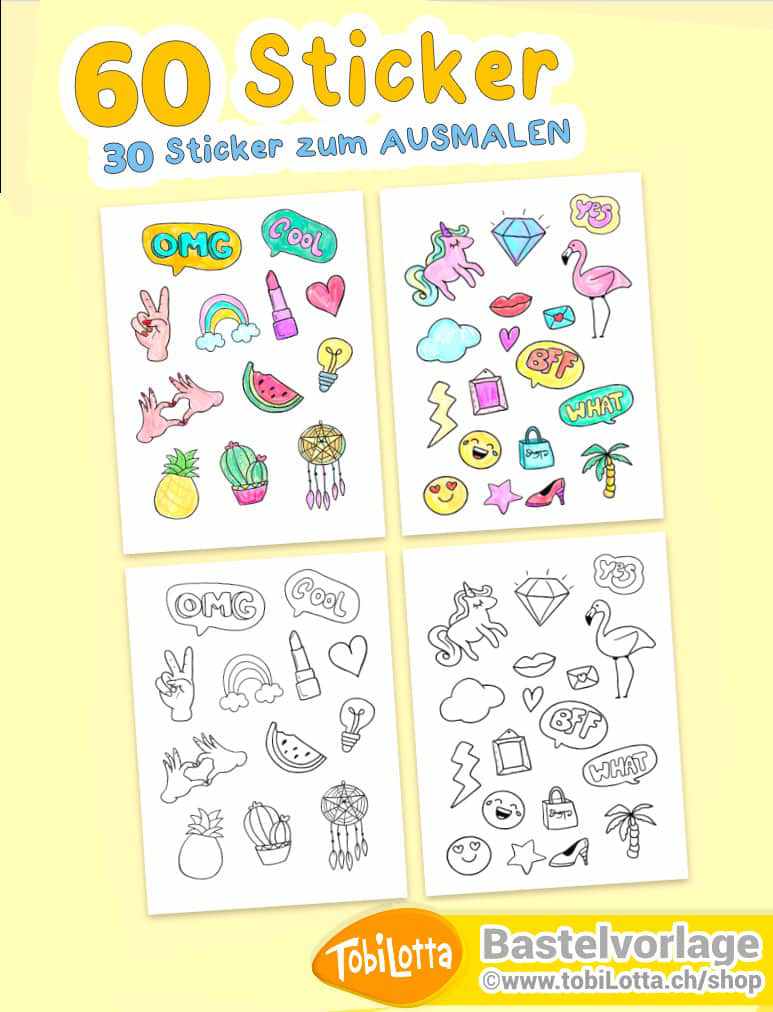 Basteln mit Kindern: 60 Sticker zum Ausdrucken PDF Vorlage DIY Sticker